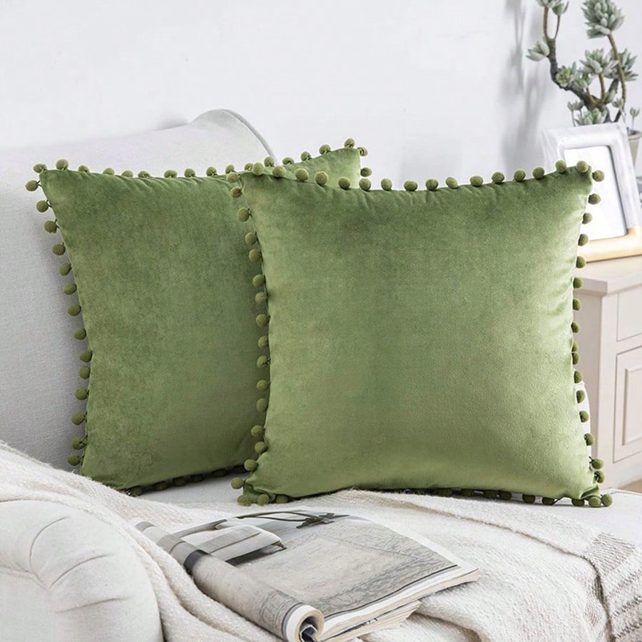 1pc Soft Velvet Fluffy Pom Pom Decorative Cushion Cover, 18 X 18 Inches