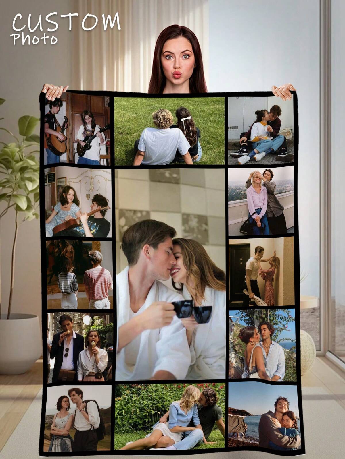 1pc Custom Flannel Photo Blanket For Bed, Multipurpose Sofa Camping Pet, Personalized Family/Pet/Couple Photo Printed Bedding, Mother's Day Birthday Gift, Gift For Her, Gift For Mom/Dad, Washable Cozy Warm, Photo Collage, Aesthetic Home, Family Bond