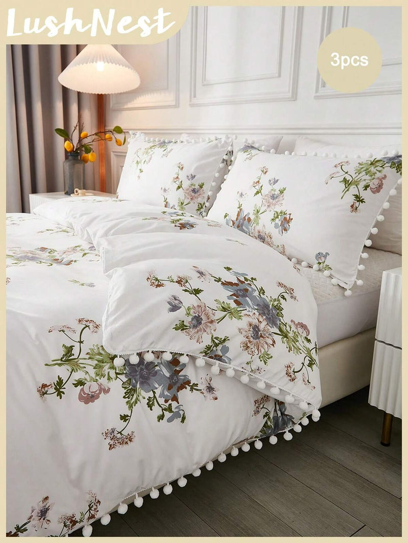 3pcs Floral Pattern Duvet Cover Set, With Pom Pom Tassel, Botanical Flower Pattern Bedding Set, Ruffle Trim, Soft Microfiber, Farmhouse Style Duvet Cover, 1 Duvet Cover, 2 Pillow Shams, Comforter Not Included, Suitable For All Seasons