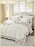 3pcs Cute Bow Ruffled Duvet Cover Set (1 Duvet Cover + 2 Pillow Shams, Comforter Not Included), Vintage Elegant Style Bedding, Bedroom & Room Decor, Ideal Gift, Shabby Chic Home Textile