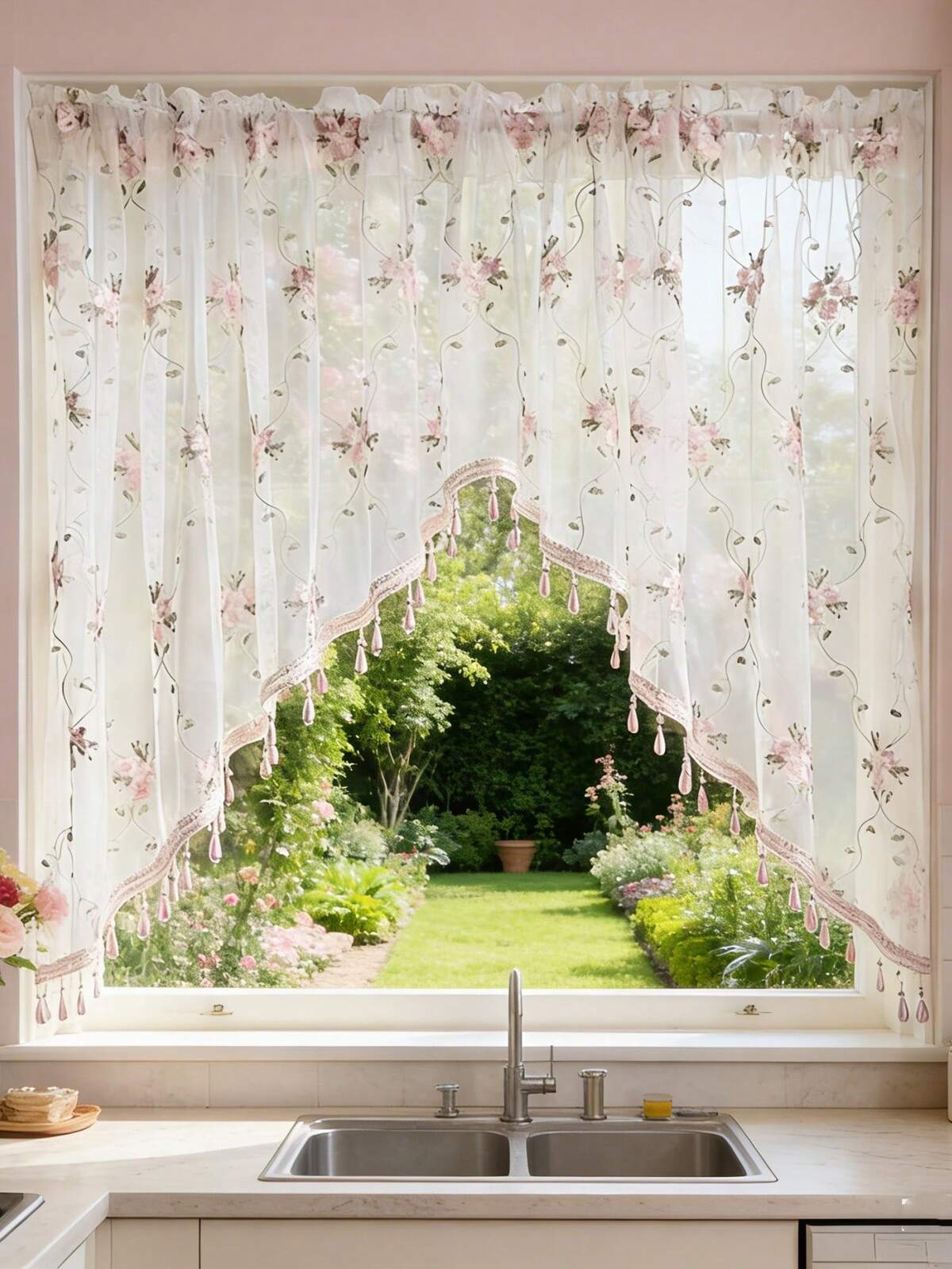 1pc Pink Floral Embroidered Lace Curtain With Beads Arched Shape Doorway Curtain Valance For Bedroom Kitchen Bathroom Rod Pocket Top