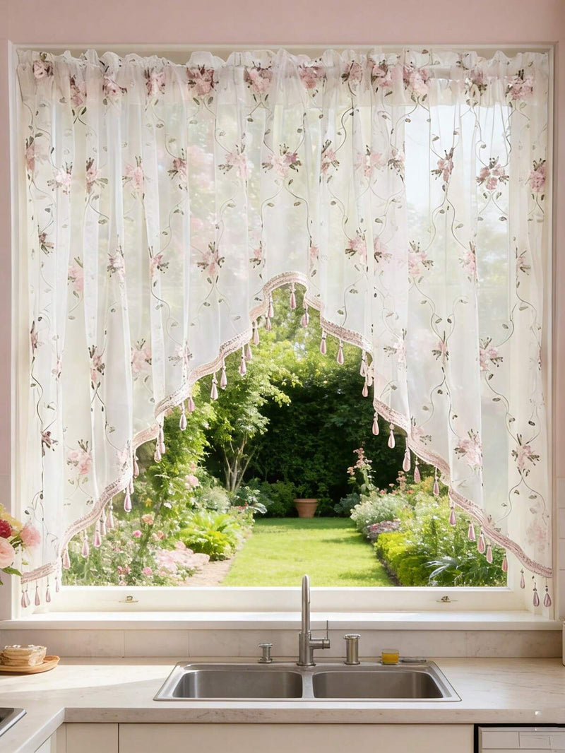 1pc Pink Floral Embroidered Lace Curtain With Beads Arched Shape Doorway Curtain Valance For Bedroom Kitchen Bathroom Rod Pocket Top