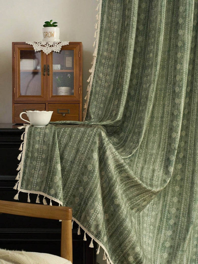 1pc Bohemian Natural Style Green Vine Trim Window Curtain Voile, Suitable For Various Occasions