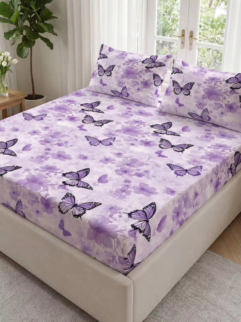 1pc Soft & Comfortable Fitted Bed Sheet Mattress Protector, Skin-Friendly, All-Season, Dust-Proof & Anti-Slip, Fits Twin/Full/Queen/King Size Bed, Purple Butterfly & Colorful Floral Pattern, Machine Washable, Perfect Holiday Gift