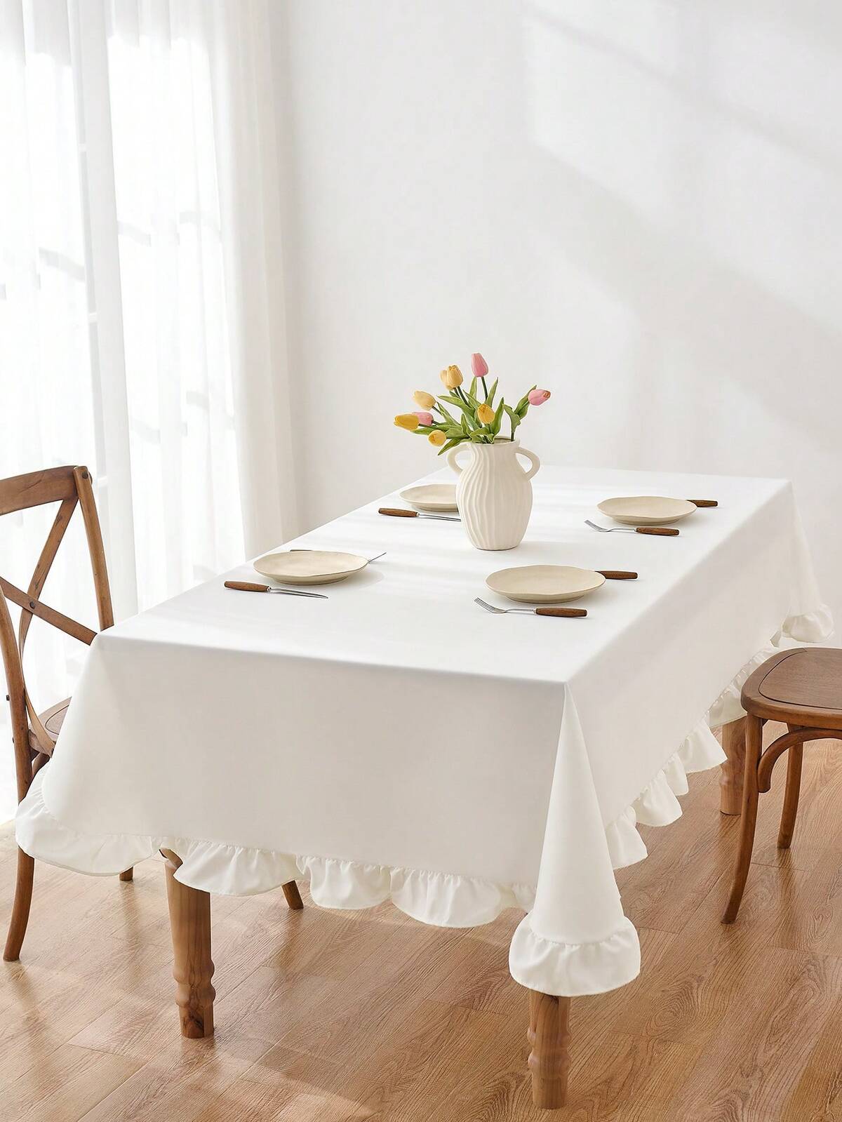 1 Piece Plain Color Solid Color White Printed Ruffle Trim Tablecloth Dirt-Resistant Beautiful Dress Up Restaurant Dress Up Table Suitable For Family Dinner, Daily Use, Banquet Use, Wedding Use, Festival, Party Dress Up