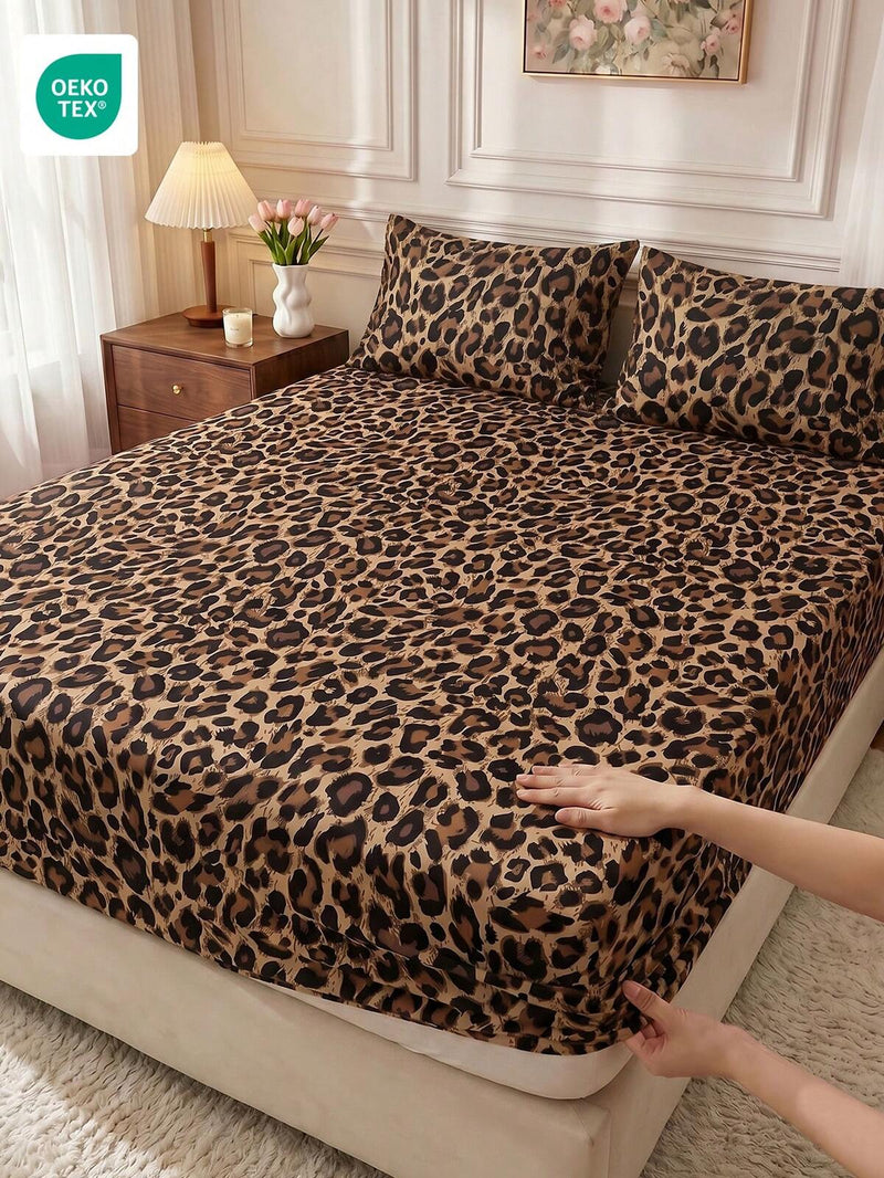 1pc Leopard Print Knitted Fitted Sheet, Soft & Wrinkle-Free, Breathable & Comfortable, Suitable For Various Bed Sizes, Essential For Home Bedroom & Dorm, Bedroom Decor, Fluffy Bedding, Women's Gift, Fits Queen & King Size, Machine Washable, OEKO-TEX
