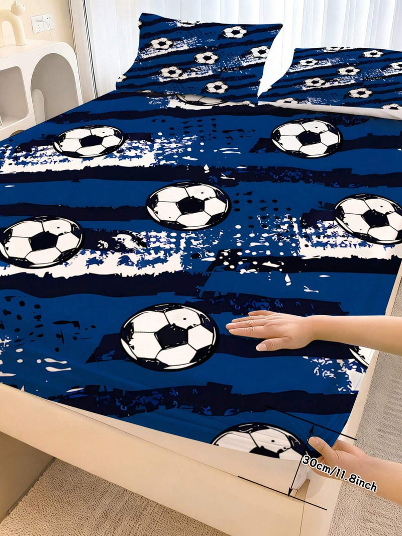 2/3pcs Kids Soccer Bedding Set, Blue Distressed Soccer Print Bed Sheet Set, Sports Theme Fitted Sheet With Pillowcase, Soft Boys Bedroom Decor (Twin/Full/Queen Size)