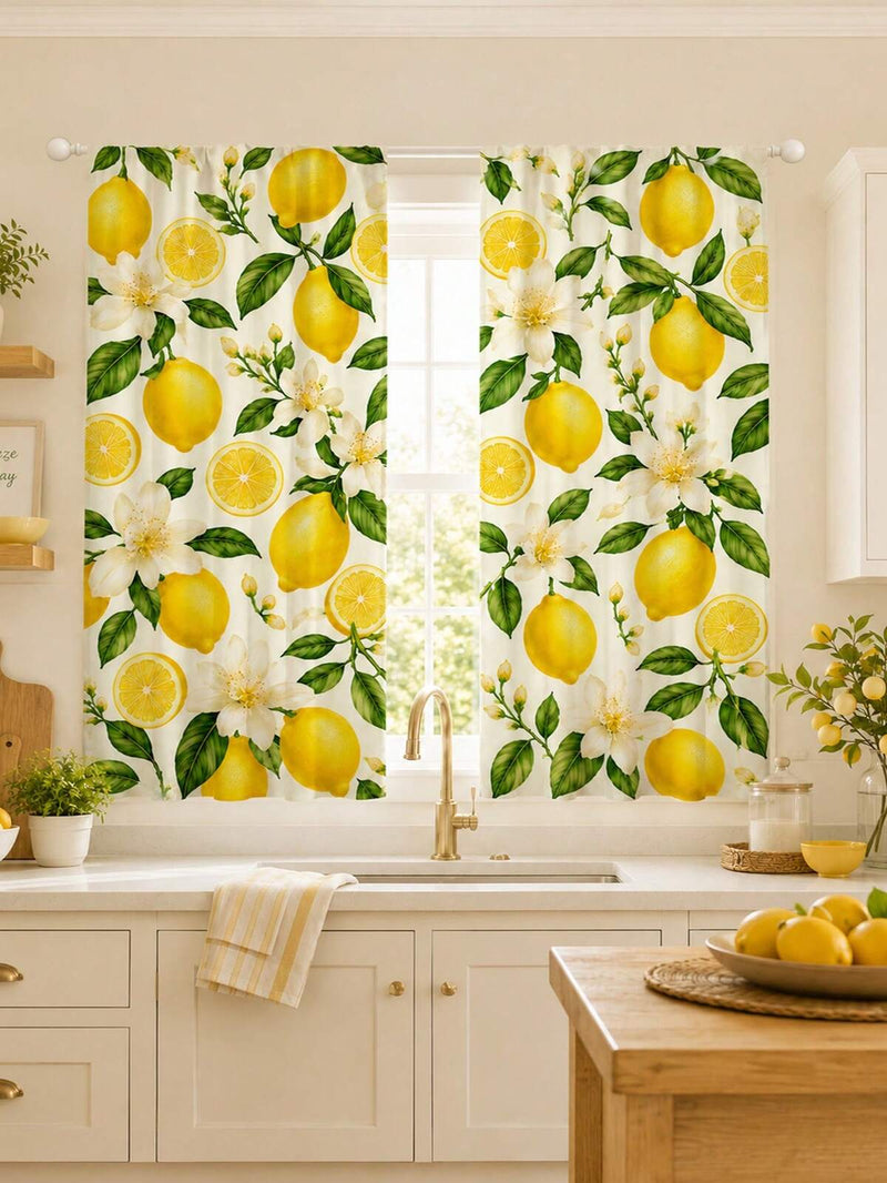 2pcs, Printed Rod Blinds, Polyester Semi-Blackout Blinds, Lemon Floral Pattern, Fresh And Pastoral Style, Suitable For Dormitory, Kitchen, And Room Decoration, Window Curtain Panels, Applicable To Living Room, Bedroom, Balcony, And Kitchen.